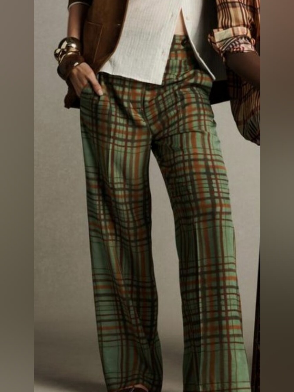 Zara Green and Brown Plaid Checkered Straight-Leg Pants Misses Size Small